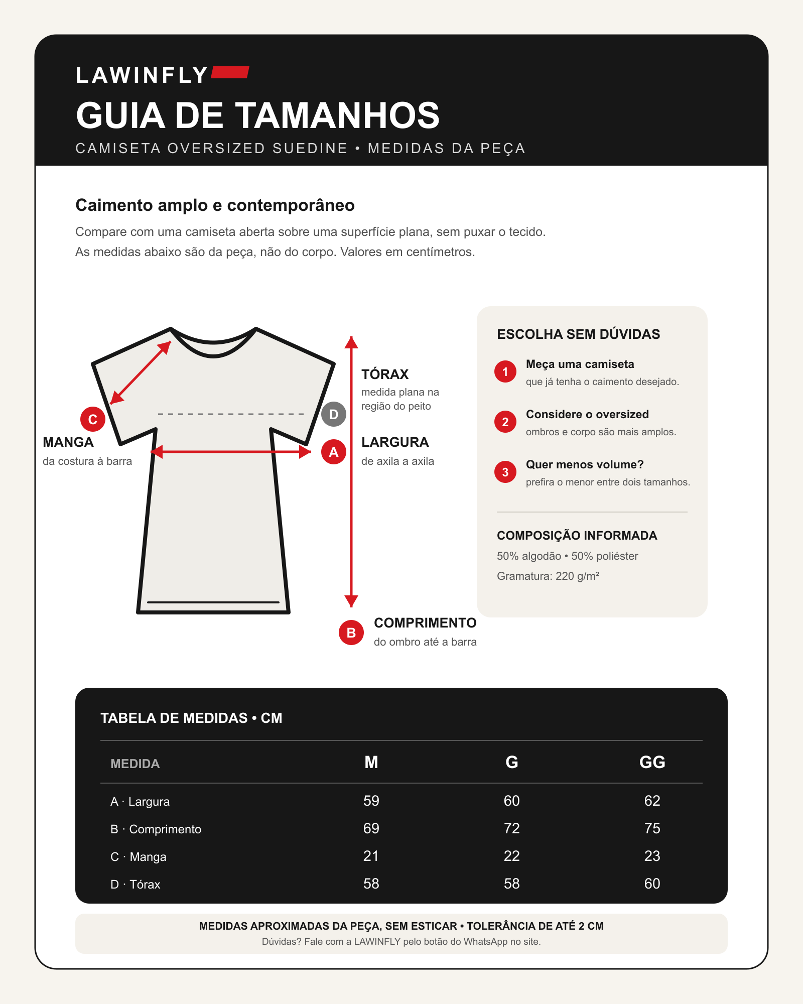 Guia de tamanhos - Camiseta Oversized Suedine Gramatura 220g