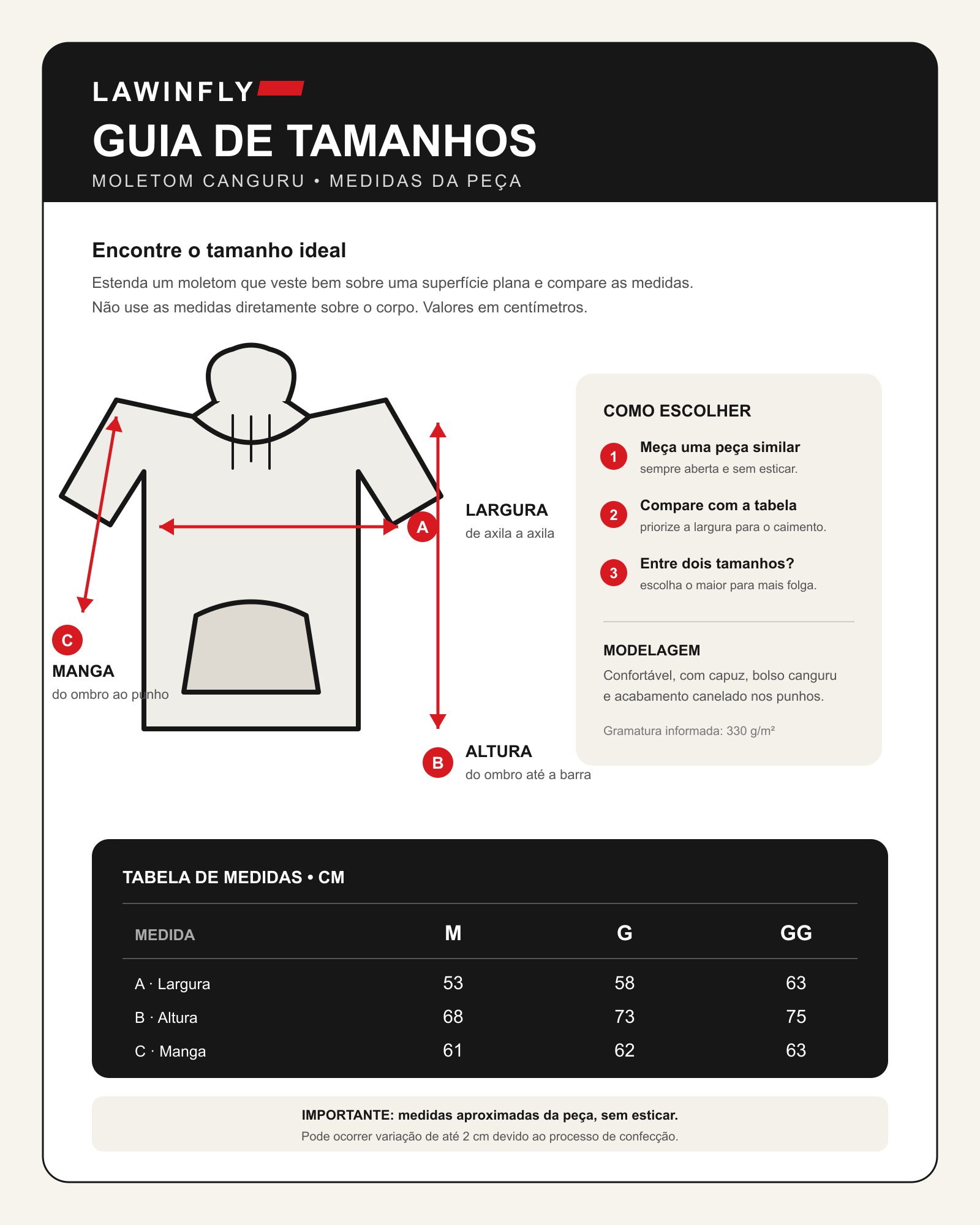 Guia de tamanhos - Moletom LAWINFLY